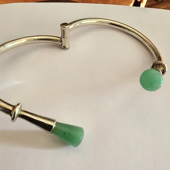 Sterling Silver Hinged bracelet Signed Mexico green Jade jewelry Fine Invest - Picture 4 of 8